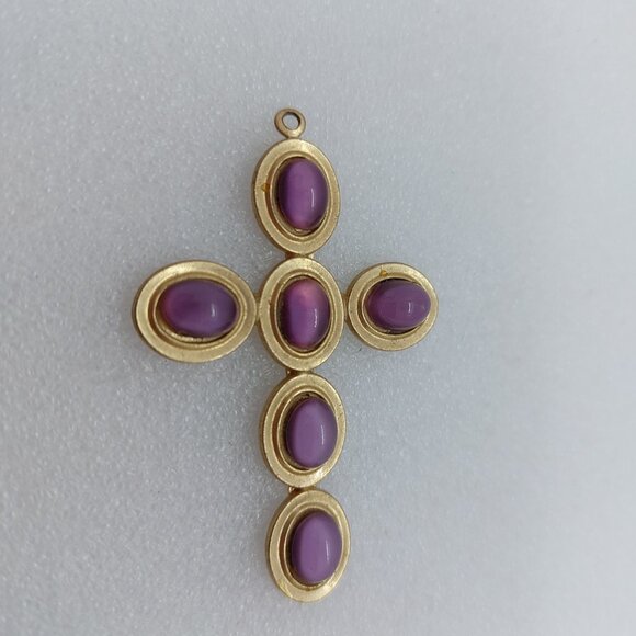 Vintage Gold Tone Amethyst Necklace 2" Cross Pendant - Picture 2 of 7